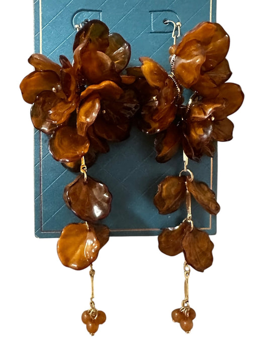 Brown Floral Dangle Statement Earrings.